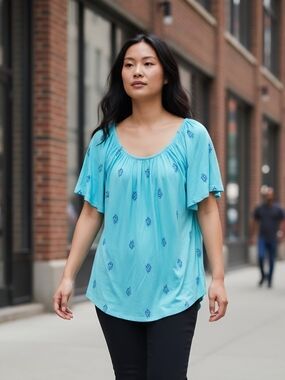 Style & Co Women’s M Beautiful Aqua Scoop Neck Flutter Sleeve Top